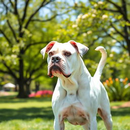 A beautiful white Boxer dog standing proudly in a sunny park