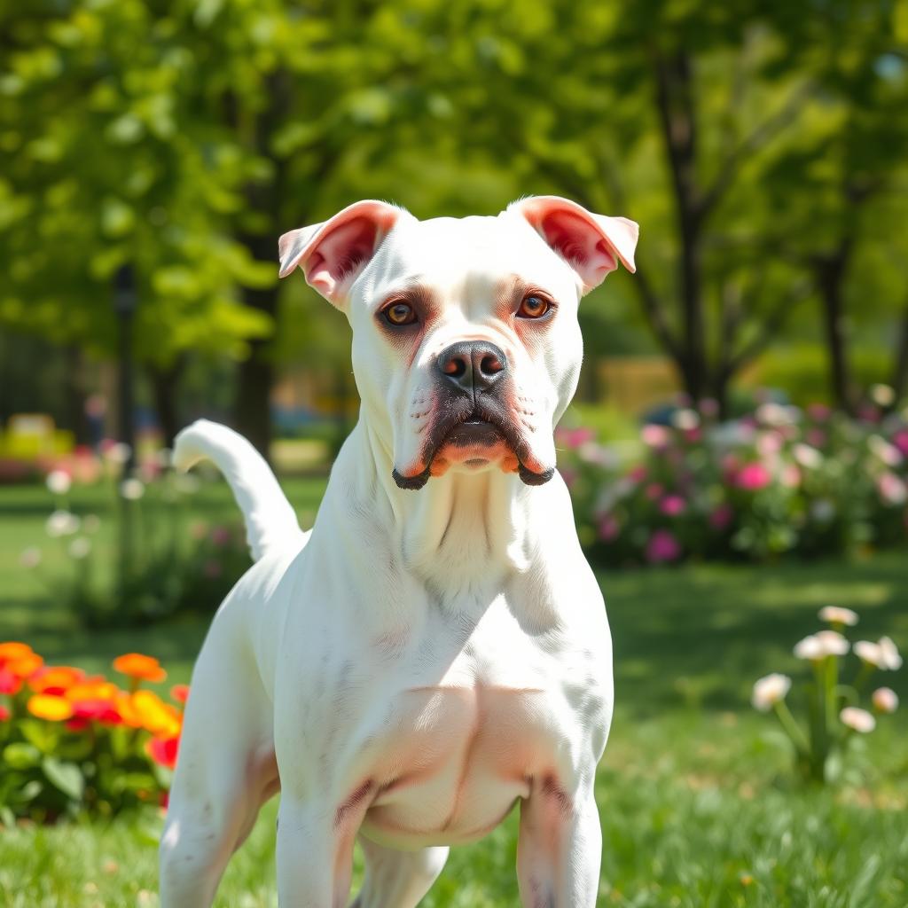 A beautiful white Boxer dog standing proudly in a sunny park