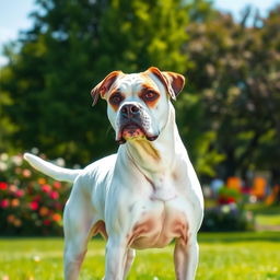 A beautiful white Boxer dog standing proudly in a sunny park