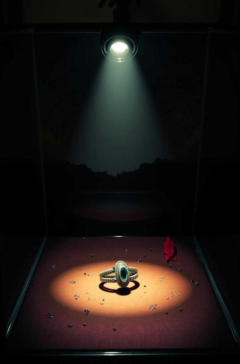 A dramatic jewelry display illuminated by a single spotlight, showcasing a red velvet cushion that holds several luxurious pieces of jewelry, including rings and a necklace