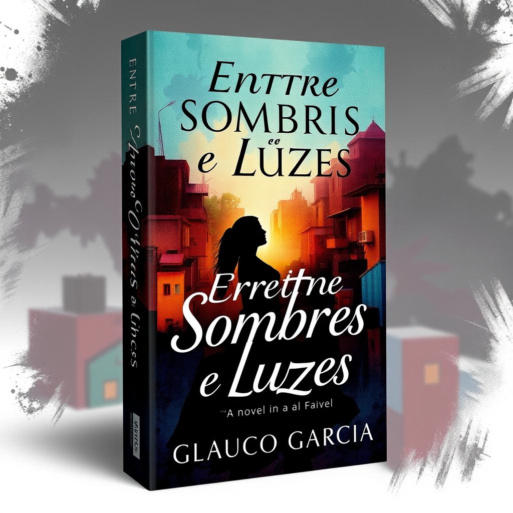 A captivating book cover design for a novel titled 'Entre Sombras e Luzes' by Glauco Garcia, focusing on a romantic theme set in a vibrant favela