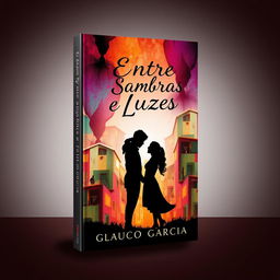 A captivating book cover design for a novel titled 'Entre Sombras e Luzes' by Glauco Garcia, focusing on a romantic theme set in a vibrant favela