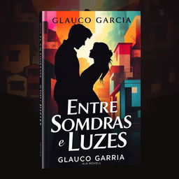 A captivating book cover design for a novel titled 'Entre Sombras e Luzes' by Glauco Garcia, focusing on a romantic theme set in a vibrant favela