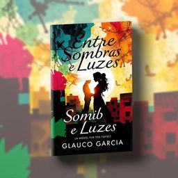 A captivating book cover design for a novel titled 'Entre Sombras e Luzes' by Glauco Garcia, focusing on a romantic theme set in a vibrant favela