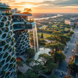 Futuristic bionic design of high-rise buildings with facades adorned with flowing lines, complemented by balconies featuring thriving trees