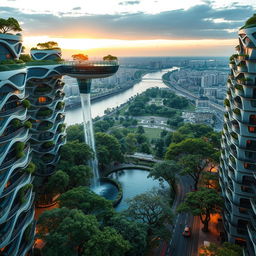 Futuristic bionic design of high-rise buildings with facades adorned with flowing lines, complemented by balconies featuring thriving trees