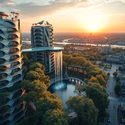 Futuristic bionic design of high-rise buildings with facades adorned with flowing lines, complemented by balconies featuring thriving trees