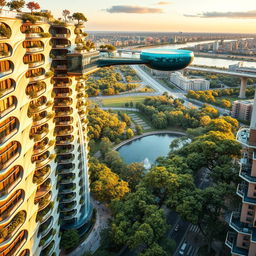 Futuristic bionic design of high-rise buildings with facades adorned with flowing lines, complemented by balconies featuring thriving trees