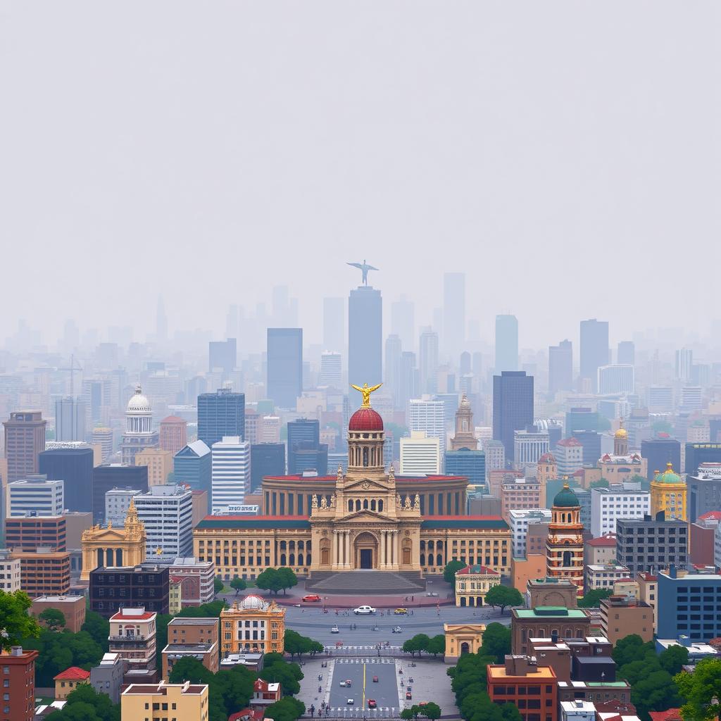 A pixel art depiction of Mexico City, showcasing the city shrouded in significant air pollution