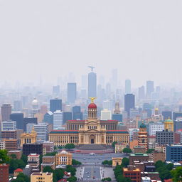 A pixel art depiction of Mexico City, showcasing the city shrouded in significant air pollution