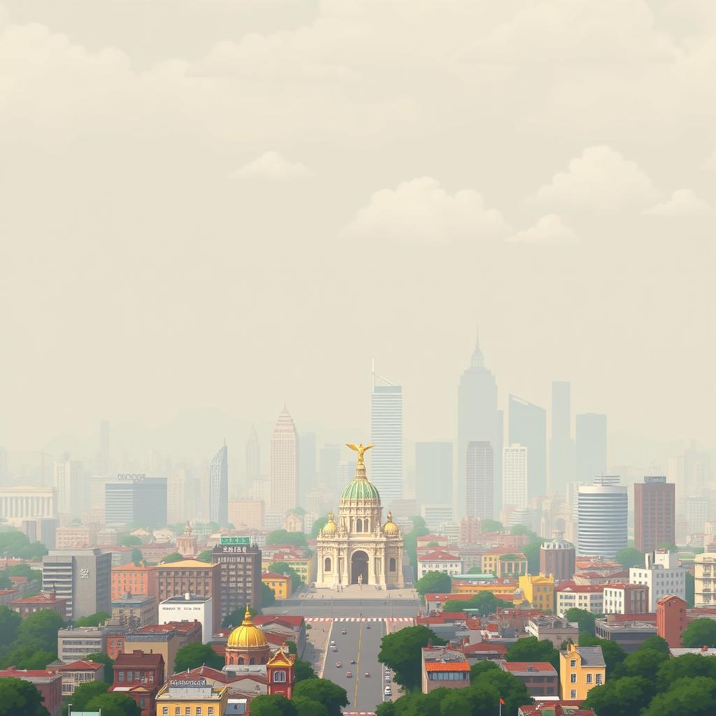 A pixel art depiction of Mexico City, showcasing the city shrouded in significant air pollution