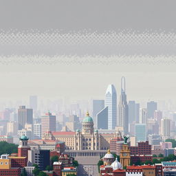 A pixel art depiction of Mexico City, showcasing the city shrouded in significant air pollution