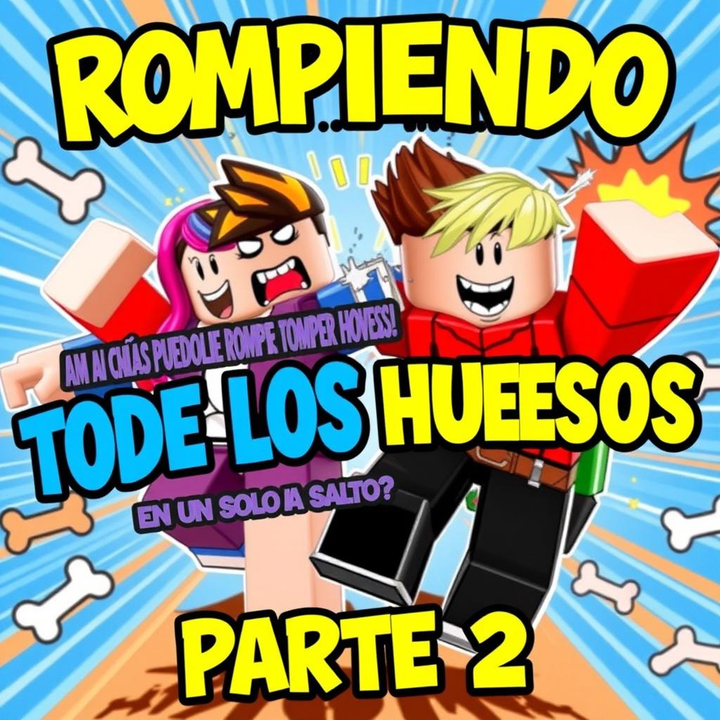 A dynamic YouTube thumbnail for the video titled 'ROMPIENDO TODOS LOS HUESOS en Roblox! 💥 ¿Cuántos puedo romper en un solo salto? PARTE 2'