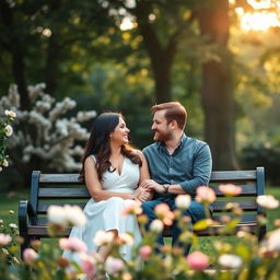 A serene outdoor setting featuring a couple sitting closely together on a park bench, holding hands and sharing smiles, surrounded by blooming flowers and lush greenery