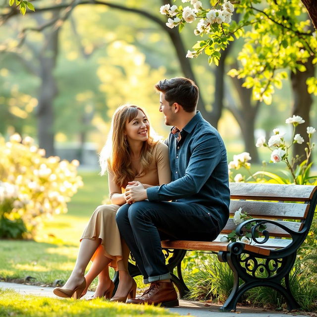 A serene outdoor setting featuring a couple sitting closely together on a park bench, holding hands and sharing smiles, surrounded by blooming flowers and lush greenery