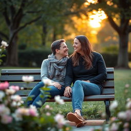 A serene outdoor setting featuring a couple sitting closely together on a park bench, holding hands and sharing smiles, surrounded by blooming flowers and lush greenery