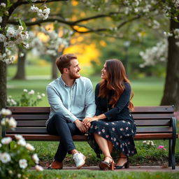 A serene outdoor setting featuring a couple sitting closely together on a park bench, holding hands and sharing smiles, surrounded by blooming flowers and lush greenery