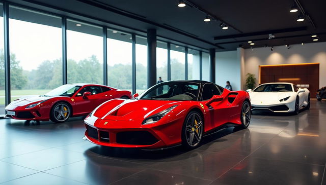 An elegant indoor car dealership featuring two magnificent red Ferraris and one striking white Lamborghini, prominently displayed on a glossy showroom floor