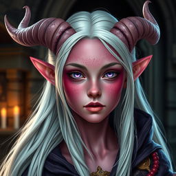 A portrait of a young female tiefling sorcerer with vibrant pink skin and elegantly curved horns protruding from her forehead