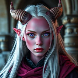 A portrait of a young female tiefling sorcerer with vibrant pink skin and elegantly curved horns protruding from her forehead