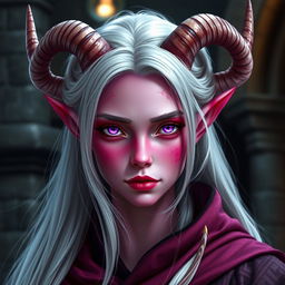 A portrait of a young female tiefling sorcerer with vibrant pink skin and elegantly curved horns protruding from her forehead