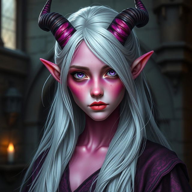 A portrait of a young female tiefling sorcerer with vibrant pink skin and elegantly curved horns protruding from her forehead