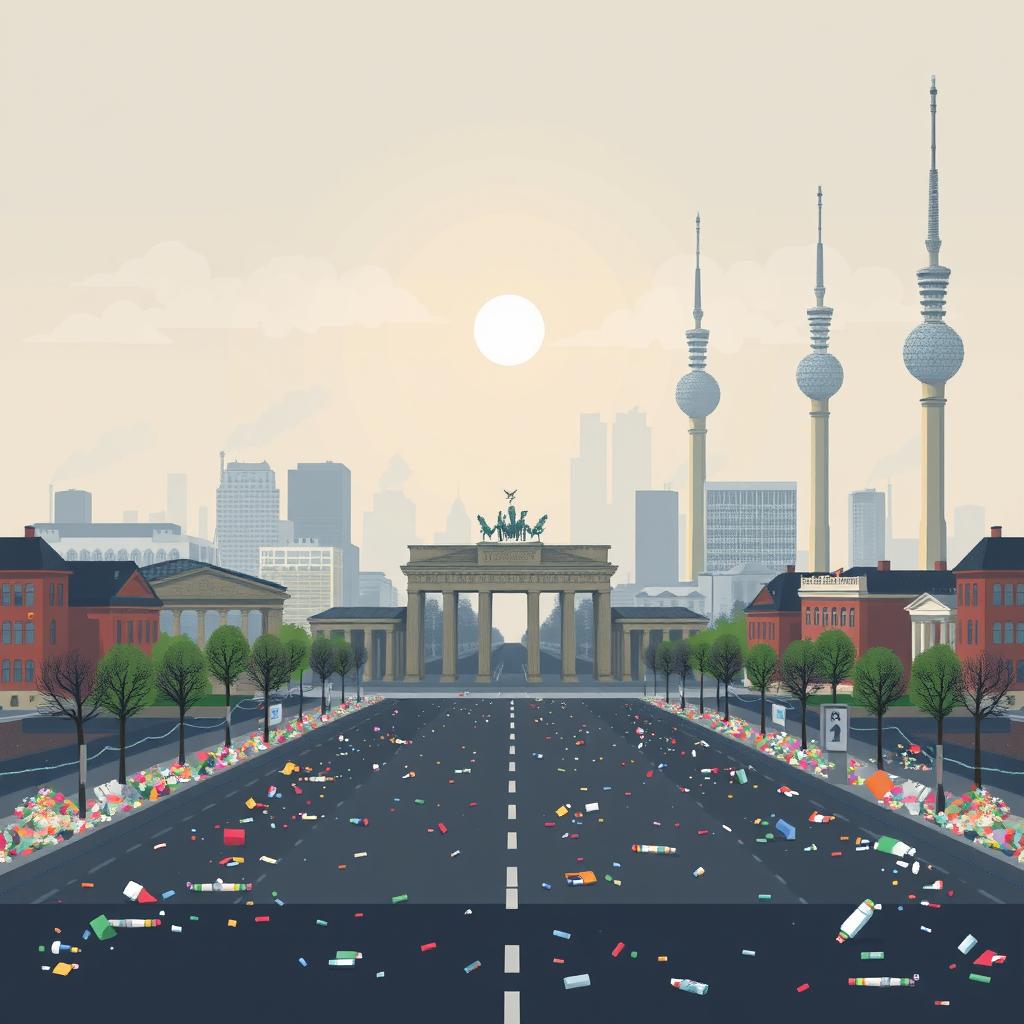 A pixel art representation of Berlin, Germany, depicting the city under significant air pollution and litter