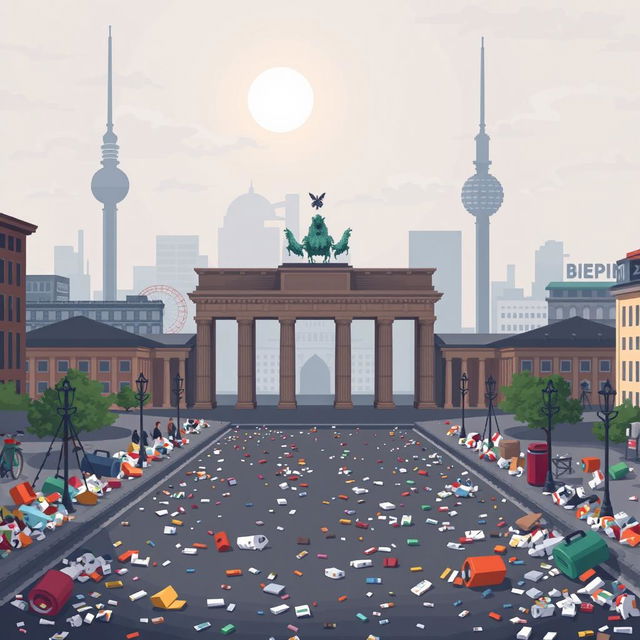 A pixel art representation of Berlin, Germany, depicting the city under significant air pollution and litter