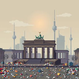 A pixel art representation of Berlin, Germany, depicting the city under significant air pollution and litter