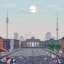 A pixel art representation of Berlin, Germany, depicting the city under significant air pollution and litter