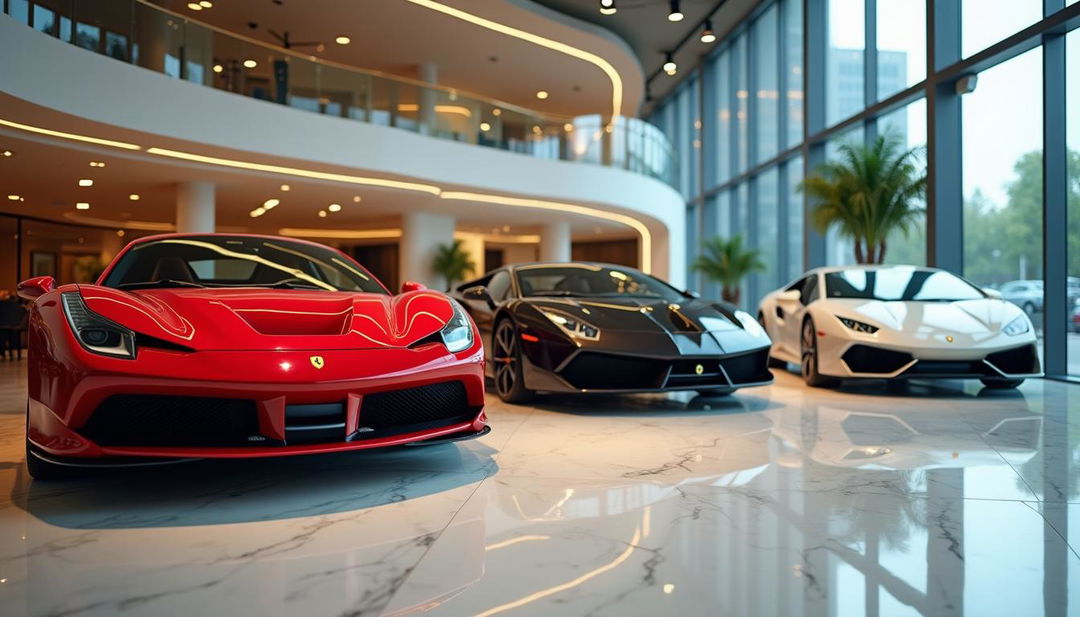 A luxurious indoor car dealership displaying one vibrant red Ferrari, one sleek black Ferrari, and one stunning white Lamborghini