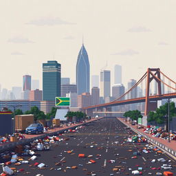 A pixel art depiction of Johannesburg, South Africa, illustrating the city amidst significant air pollution and litter