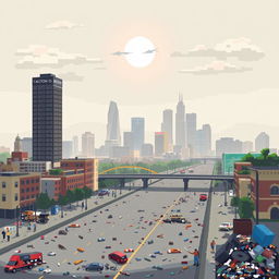 A pixel art depiction of Johannesburg, South Africa, illustrating the city amidst significant air pollution and litter