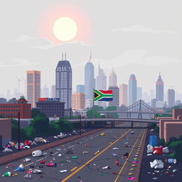 A pixel art depiction of Johannesburg, South Africa, illustrating the city amidst significant air pollution and litter