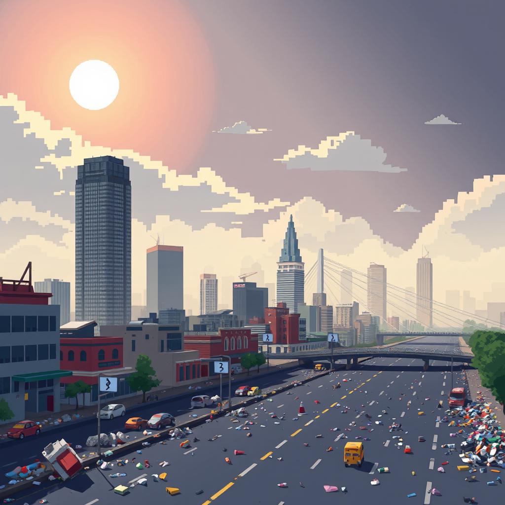 A pixel art depiction of Johannesburg, South Africa, illustrating the city amidst significant air pollution and litter