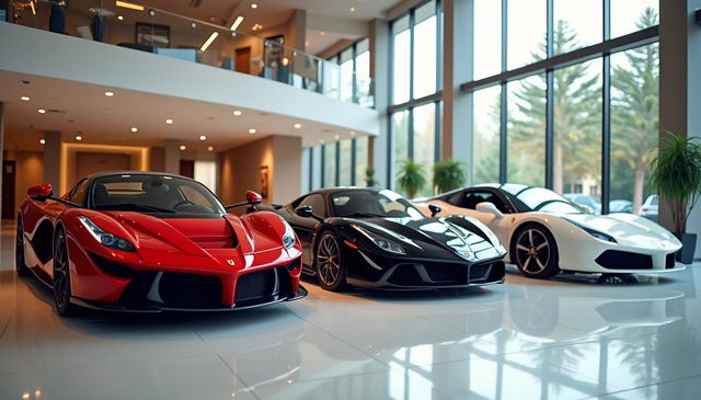 A luxurious indoor car dealership showcasing three supercars: one vibrant red supercar, one sleek black supercar, and one pristine white supercar, all arranged elegantly on a glossy showroom floor