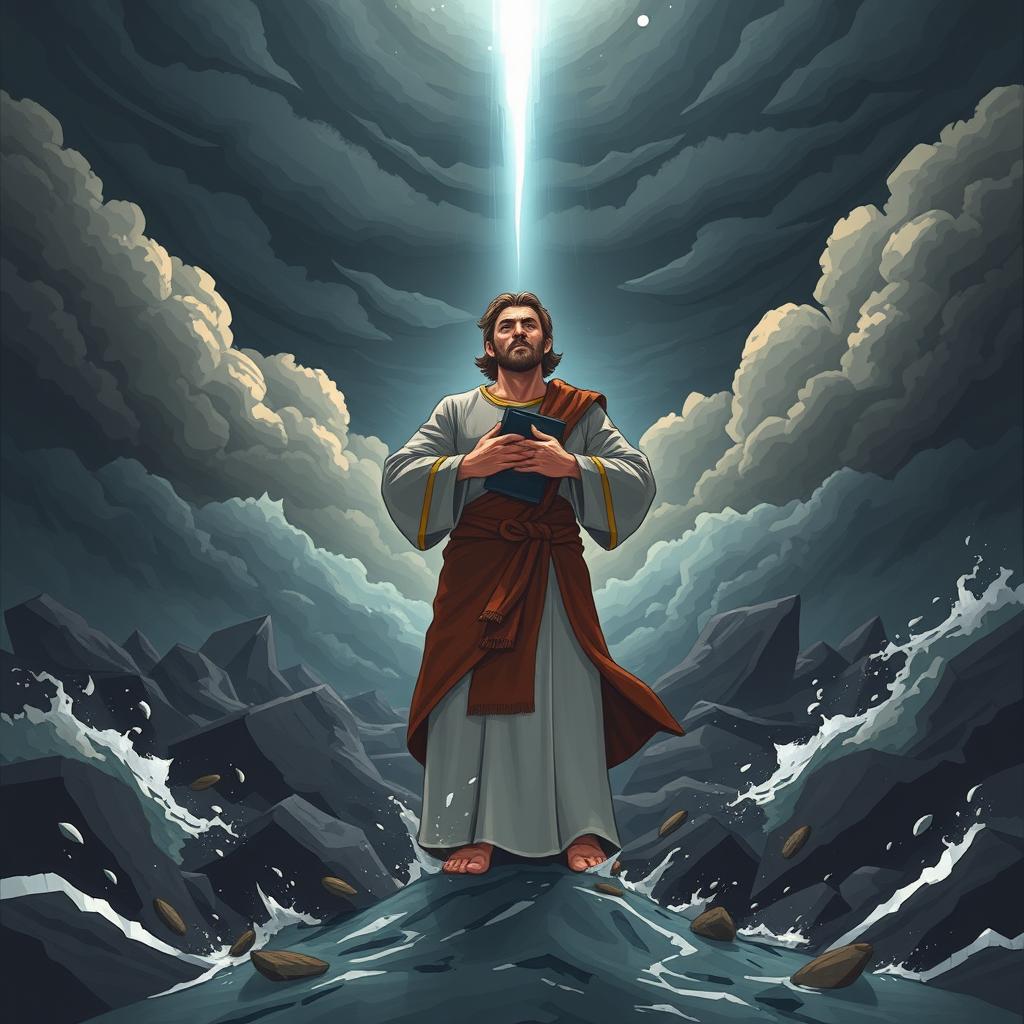 An illustrated concept of 'Firmes em Fé: O Caráter Cristão em Tempos de Crise', featuring a strong Christian figure standing resolute amidst a turbulent background of storms and chaos, representing crises