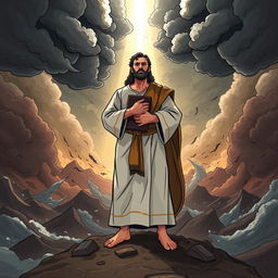 An illustrated concept of 'Firmes em Fé: O Caráter Cristão em Tempos de Crise', featuring a strong Christian figure standing resolute amidst a turbulent background of storms and chaos, representing crises