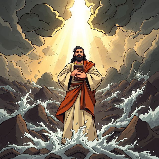 An illustrated concept of 'Firmes em Fé: O Caráter Cristão em Tempos de Crise', featuring a strong Christian figure standing resolute amidst a turbulent background of storms and chaos, representing crises