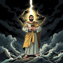 An illustrated concept of 'Firmes em Fé: O Caráter Cristão em Tempos de Crise', featuring a strong Christian figure standing resolute amidst a turbulent background of storms and chaos, representing crises