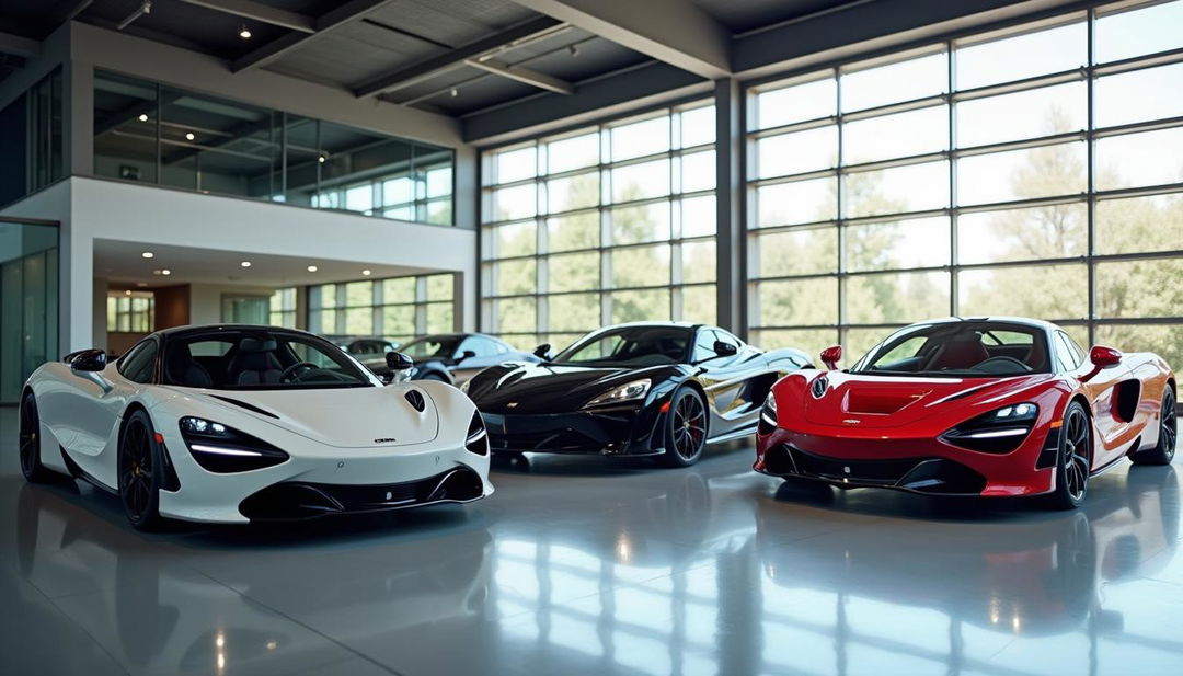 An indoor car dealership showcasing three stunning supercars: a shiny white supercar, a sleek black supercar, and a vibrant red supercar, all parked elegantly without any people in the background