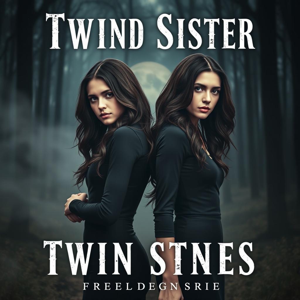 A captivating eBook cover featuring identical twin sisters in a suspenseful setting