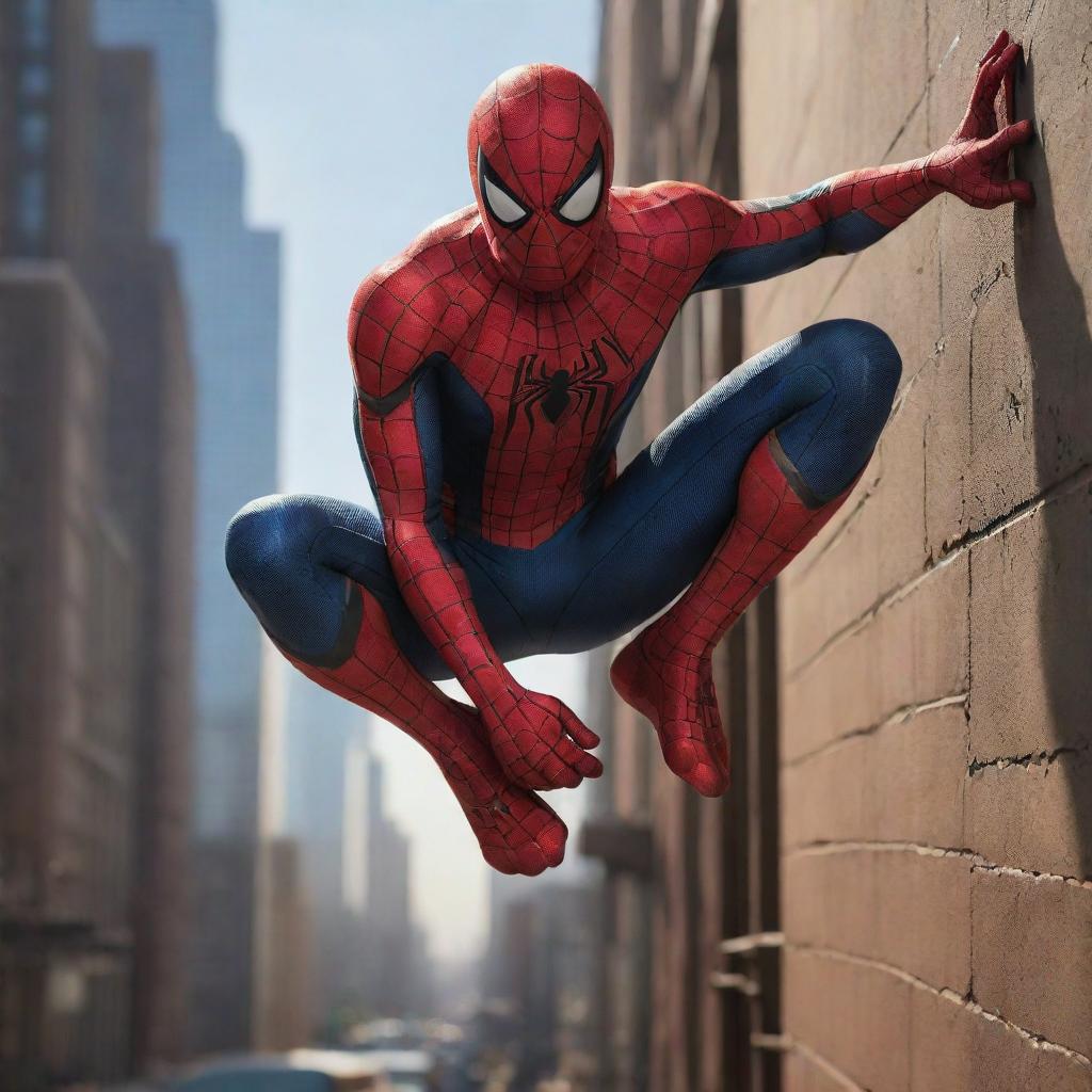 An innovative depiction of Spiderman, creatively incorporating an urban landscape background, signature spiderweb patterns, dynamic poses, and contrasting use of shadows and light.