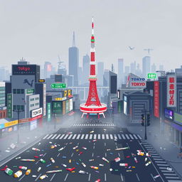 A pixel art representation of Tokyo, Japan, illustrating the city amid significant air pollution and litter