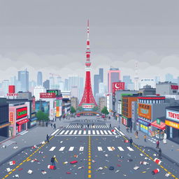 A pixel art representation of Tokyo, Japan, illustrating the city amid significant air pollution and litter