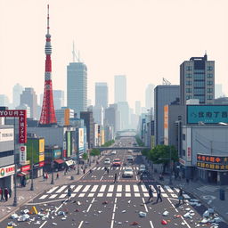 A pixel art representation of Tokyo, Japan, illustrating the city amid significant air pollution and litter