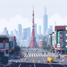 A pixel art representation of Tokyo, Japan, illustrating the city amid significant air pollution and litter