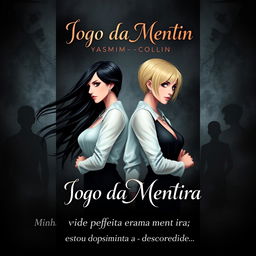 A captivating eBook cover featuring twin sisters, one with long flowing black hair and the other with short blonde hair, both dressed in modern, stylish outfits