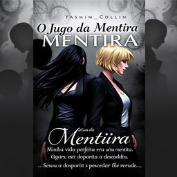 A captivating eBook cover featuring twin sisters, one with long flowing black hair and the other with short blonde hair, both dressed in modern, stylish outfits