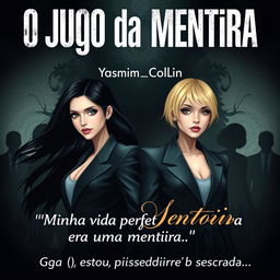 A captivating eBook cover featuring twin sisters, one with long flowing black hair and the other with short blonde hair, both dressed in modern, stylish outfits